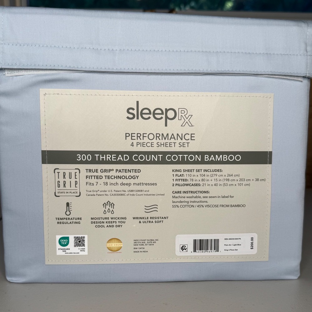 SleepRX Performance King Cotton Bamboo Sheet Set 300TC Cooling Light Blue NWT